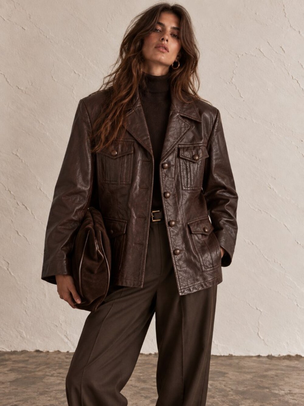 Vintage 70s Leather Coat Dark Chocolate Brown Button-Front Fall Jacket